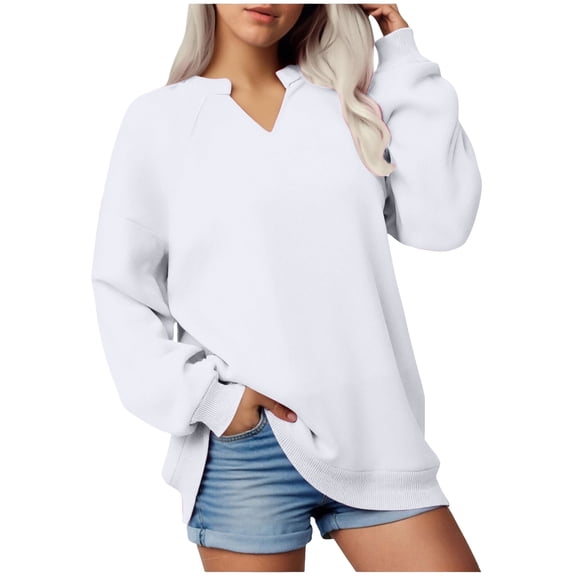 idosla Women Casual Long Sleeve V Neck Sweatshirts Cute Loose Fit Lightweight Pullover Tops (White, S)