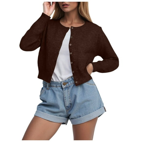 idosla Women Casual Open Front Button Down Cropped Cardigan Sweaters Y2k Crewneck Long Sleeve Fall Knitwear Teen Clothes (Brown, M)