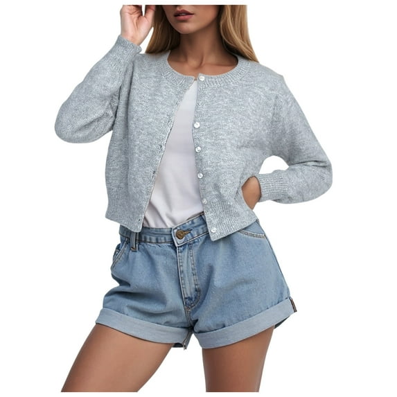 idosla Women Casual Open Front Button Down Cropped Cardigan Sweaters Y2k Crewneck Long Sleeve Fall Knitwear Teen Clothes (Grey, S)