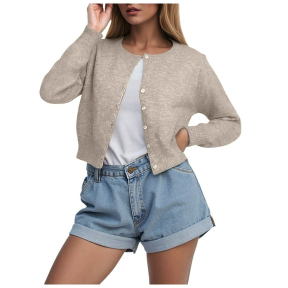 idosla Women Casual Open Front Button Down Cropped Cardigan Sweaters Y2k Crewneck Long Sleeve Fall Knitwear Teen Clothes (Khaki, S)
