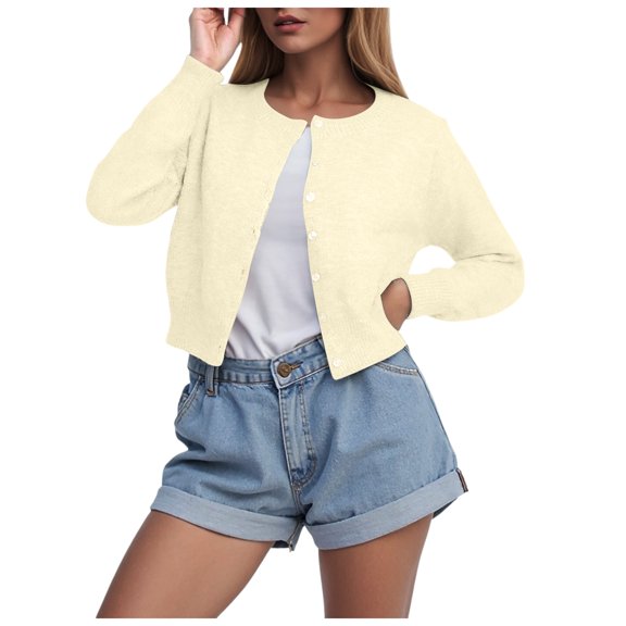 idosla Women Casual Open Front Button Down Cropped Cardigan Sweaters Y2k Crewneck Long Sleeve Fall Knitwear Teen Clothes (Light Yellow, M)