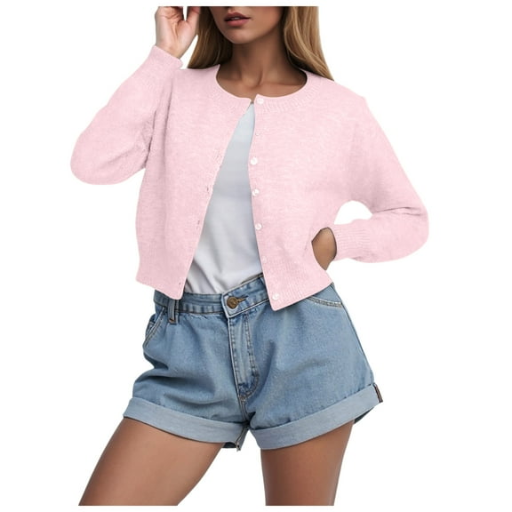 idosla Women Casual Open Front Button Down Cropped Cardigan Sweaters Y2k Crewneck Long Sleeve Fall Knitwear Teen Clothes (Pink, M)