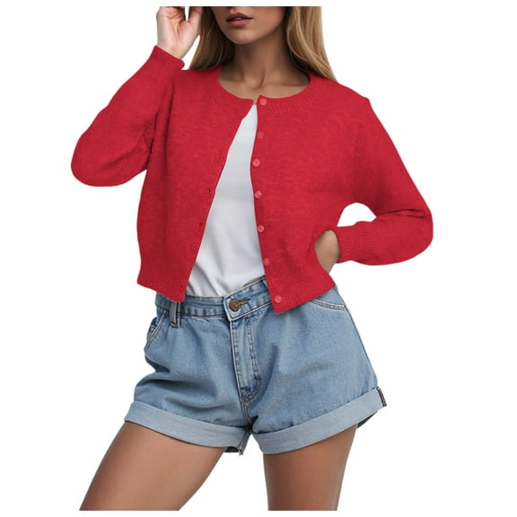 idosla Women Casual Open Front Button Down Cropped Cardigan Sweaters Y2k Crewneck Long Sleeve Fall Knitwear Teen Clothes (Red, M)