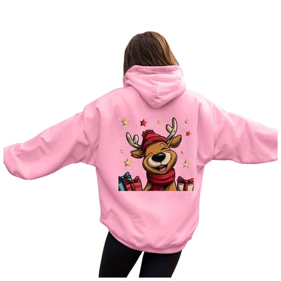 idosla Women Christmas Hoodie Cute Christmas deer Graphic Pullover Sweatshirt Casual Tops With Pocket (Pink, XXL)