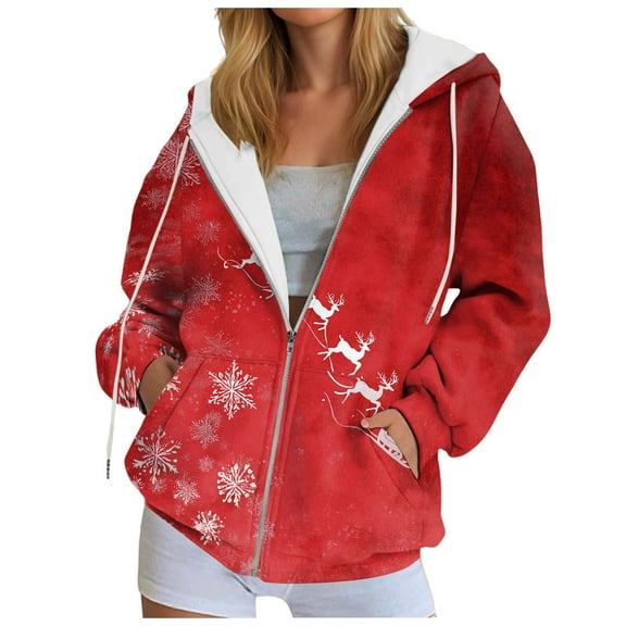 idosla Women Christmas Hoodies Fashion Casual Jacket Xmas Zip Up Coat Long Sleeve Pullover Top with Pocket Fall Coat (Watermelon Red, M)