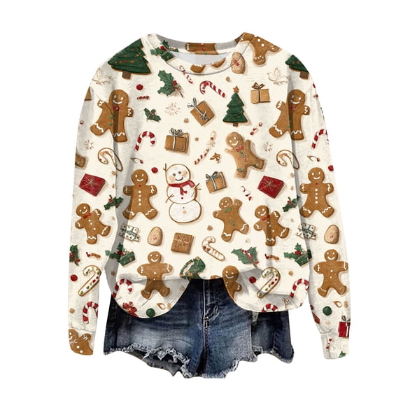 idosla Women Christmas Sweatshirt Gingerbread Men Candy Cane Fun Gift Casual Xmas Novelty Casual Pullover Fall Shirt (Beige, M)