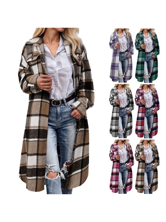 Women Fall Flannel Plaid Shacket Jacket Oversized Button Down Long Shirt Jacket (Purple, XXL)