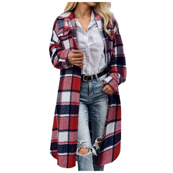 idosla Women Fall Flannel Plaid Shacket Jacket Oversized Button Down Long Shirt Jacket (Red, S)