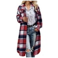 thumbnail image 1 of idosla Womens Plaid Shacket Jacket Long Corduroy Shirt Casual Lapel Button Down Flannel Trench Coats (Red, XXL), 1 of 5
