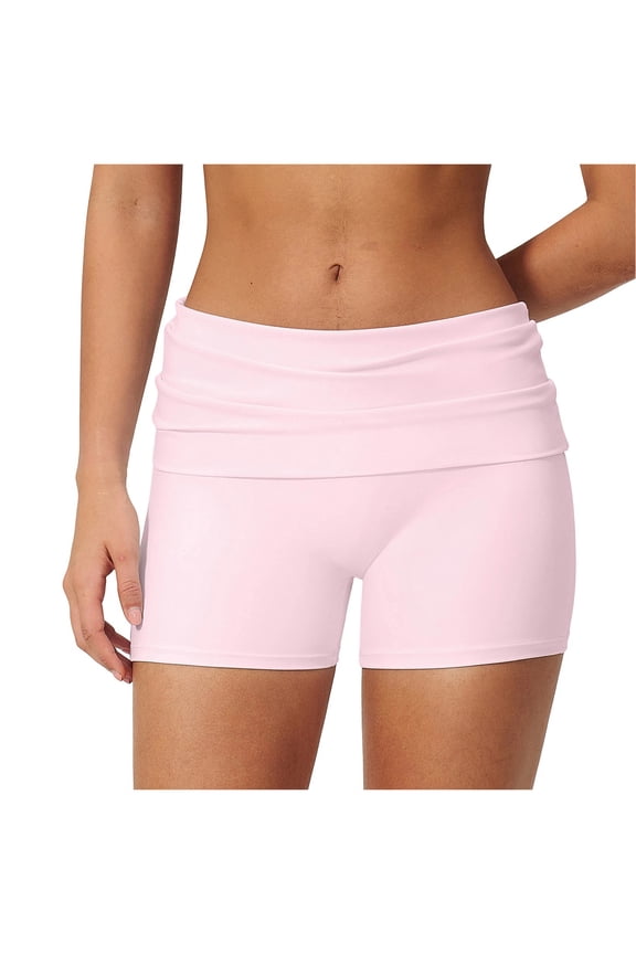 Women Fold Over Mini Shorts High Rise Stretchy Yoga Rollover Shorts Slim Fit Cute Lounge Shorts Micro Bottoms (Pink, XL)