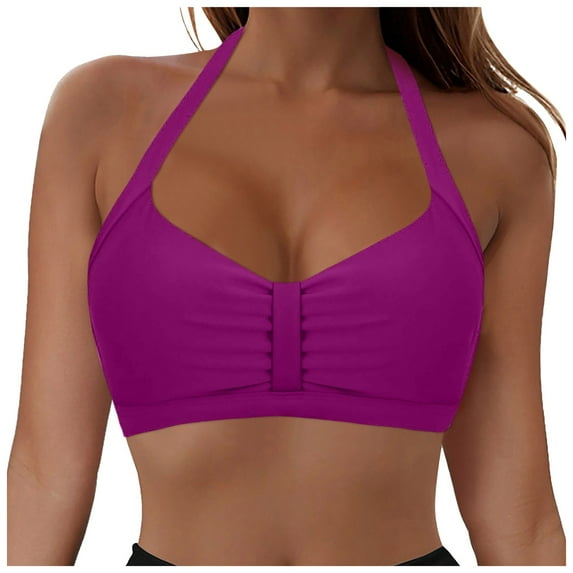 idosla Women Halter Bikini Top Only Retro Swimsuit Top Push Up Bathing Suit Top No Bottom (Purple, M)