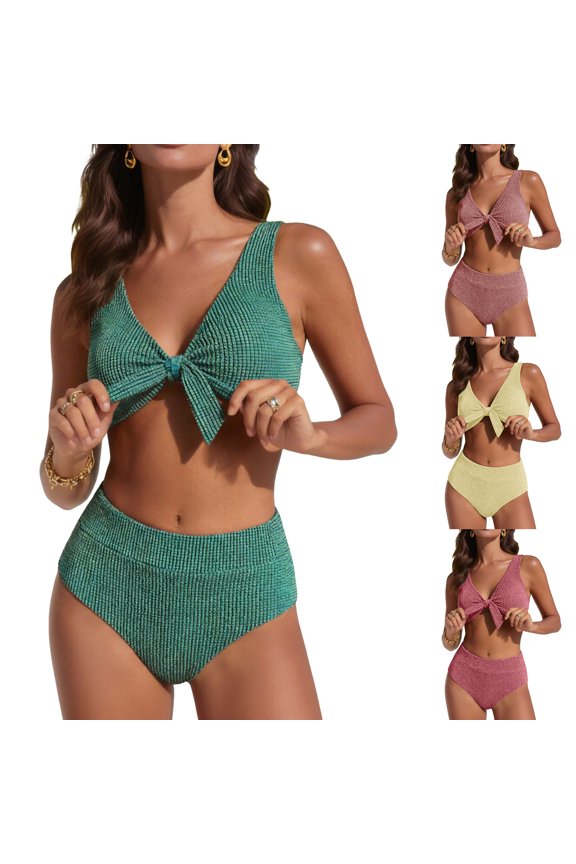 Women High Waisted Bikini Sets, Two Piece Swimsuit Tummy Control, Textured Bathing Suits, Tie Knot Swimwear (Green, M)