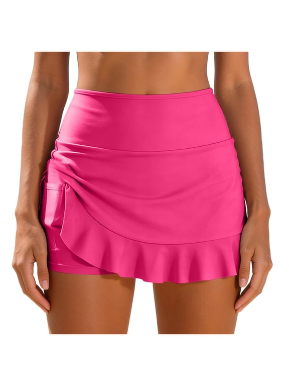 Women High Waisted Swim Skirts - Ruched Ruffle Bathing Suit Skirt with Short Tummy Control Swimsuit Bottoms (Hot Pink, M)