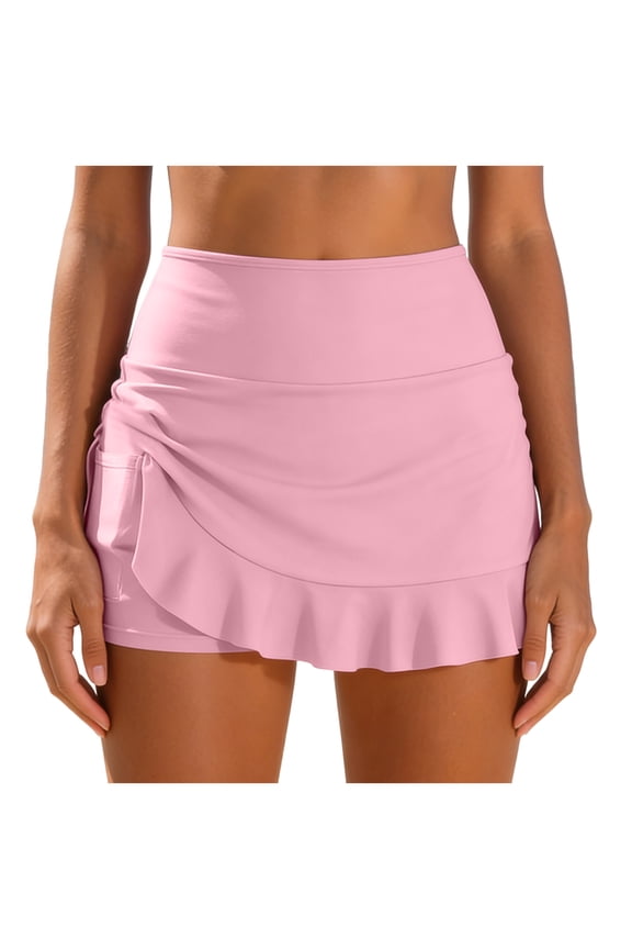 Women High Waisted Swim Skirts - Ruched Ruffle Bathing Suit Skirt with Short Tummy Control Swimsuit Bottoms (Pink, M)