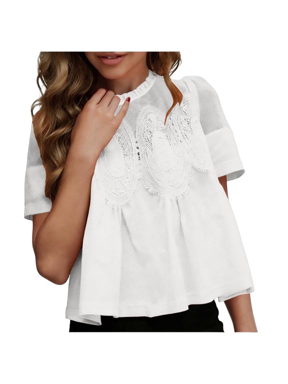 Women Lace-Detail Flared Blouse Short-Sleeve Crew Neck Lace Poplin Mesh Swing Top Elegant Loose Intricate Back Design (White, XL)