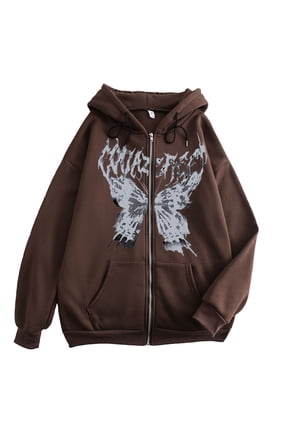 Women Men Y2K Zip Up Oversized Hoodie Skeleton Butterfly Gothic Emo Grunge Jacket Alt Graphic Baggy Dark Academia 90s (Brown, L)
