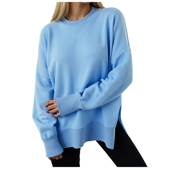 idosla Women Oversized Sweatshirts Thumbhole Long Sleeve Hoodies Shirts 2025 Fall Side Slit Pullover Top Teen Y2k Outfits (Blue, L)