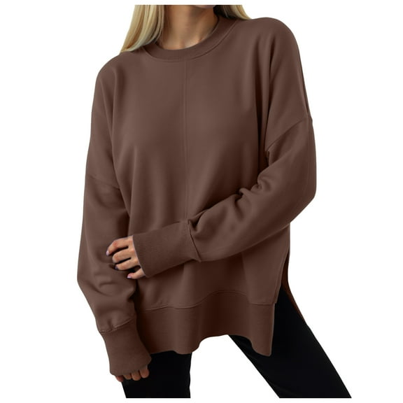 idosla Women Oversized Sweatshirts Thumbhole Long Sleeve Hoodies Shirts 2025 Fall Side Slit Pullover Top Teen Y2k Outfits (Brown, M)