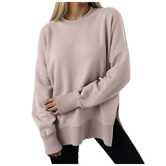 idosla Women Oversized Sweatshirts Thumbhole Long Sleeve Hoodies Shirts 2025 Fall Side Slit Pullover Top Teen Y2k Outfits (Khaki, XL)
