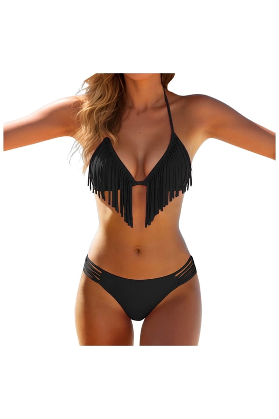 Women Sexy Swimsuit with Tassels Halter Top Low Waist Bandage Bikini Set Hanging Neck Removable Padded Bra Beach Swim (Black, M)