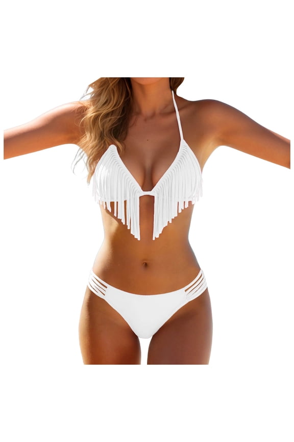 Women Sexy Swimsuit with Tassels Halter Top Low Waist Bandage Bikini Set Hanging Neck Removable Padded Bra Beach Swim (White, S)