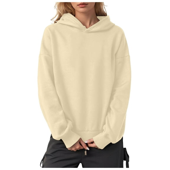 idosla Women Solid Basic Fleece Letter Loose Hoodie Sweatshirt Long Sleeve Kangaroo Pocket Drop Shoulder Pullovers Top (Beige, L)