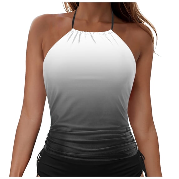 idosla Women Tankini Top Only High Neck Bathing Suit Top Tummy Control Ruched Swimsuit Without Bottom (Grey, M)