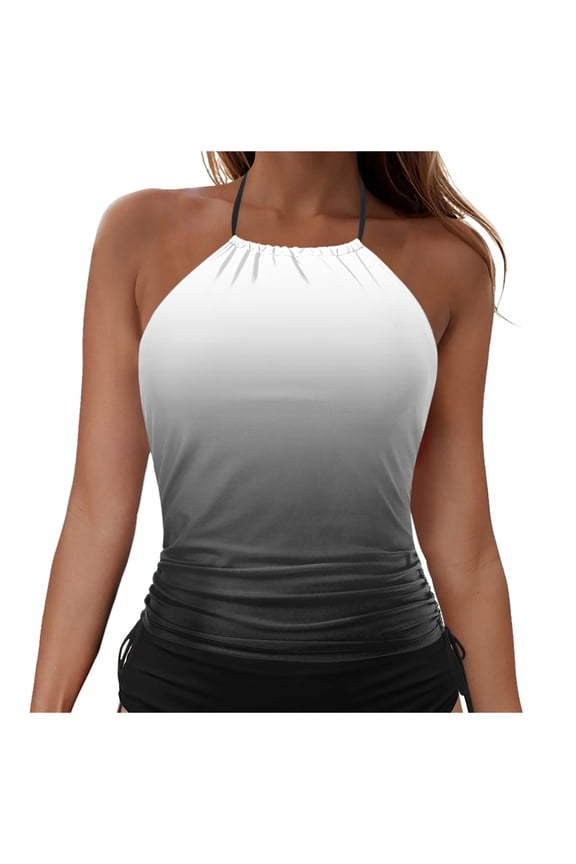 Women Tankini Top Only High Neck Bathing Suit Top Tummy Control Ruched Swimsuit Without Bottom (Grey, M)