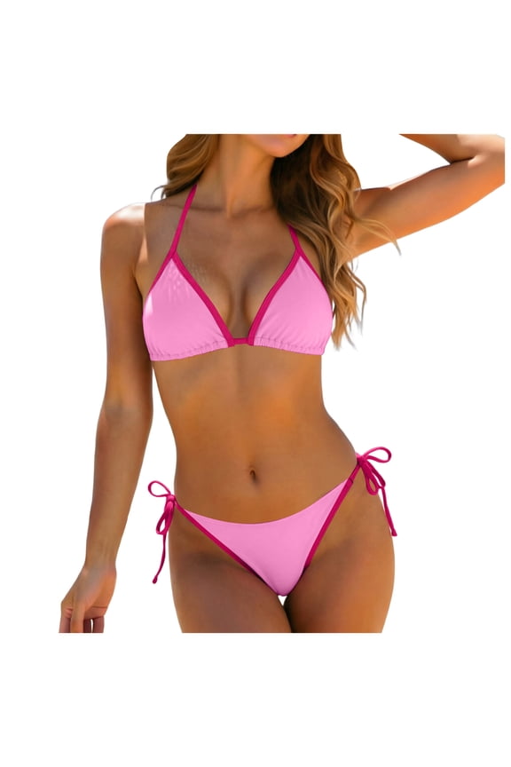 Women & Teen Girl's 2 Piece Bikini Set Triangle Halter String Bikini Set High Cut Bathing Suit Swimwear (Pink, M)