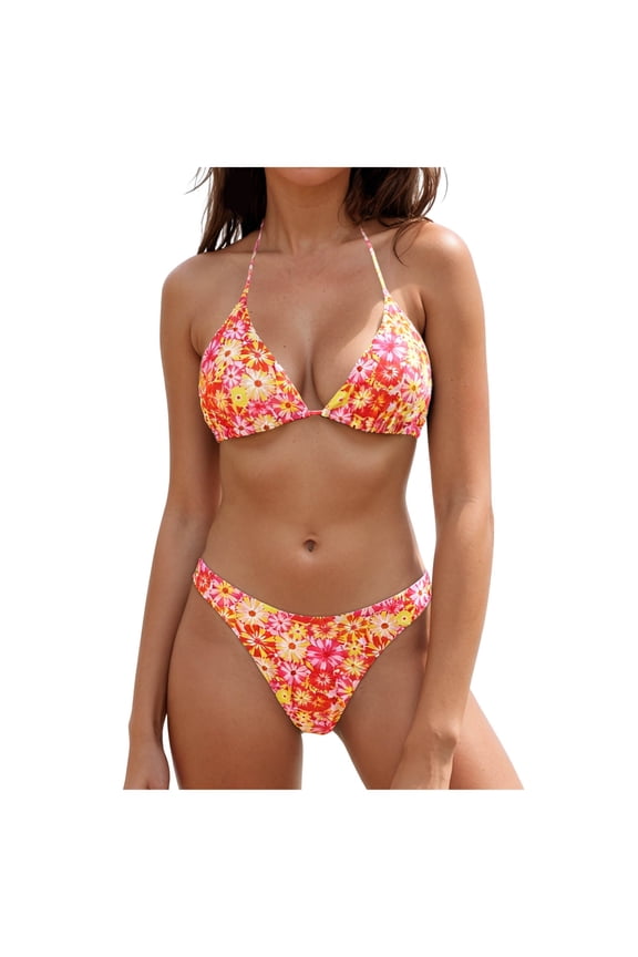 Women & Teen Girl's 2 Piece Floral Striped Bikini Set Halter String Thong Swimsuit High Cut Bathing Suit (Orange, XL)
