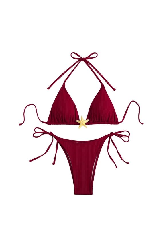 Women & Teen Girl's 2 Piece Starfish Metal Swimsuits Halter Triangle String Bikini Sets Bathing Suit (Red, L)