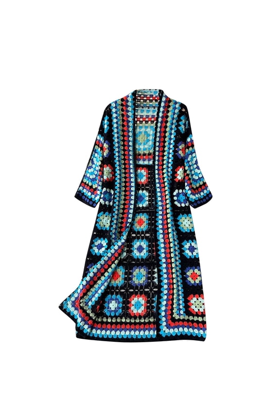 Women Vintage Crochet Granny Square Cardigan Jumper Long Sleeve Open Front Floral Knit Sweater Knitwear Long Cardigan (Blue, FREE SIZE)