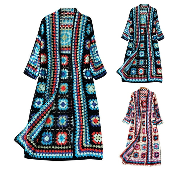 idosla Women Vintage Crochet Granny Square Cardigan Jumper Long Sleeve Open Front Floral Knit Sweater Knitwear Long Cardigan (Red, FREE SIZE)