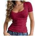 thumbnail image 1 of idosla Women Y2k Short Sleeve Shirt Slim Fit Lace Trim Ribbed T-Shirt Aesthetic Clothes Cute Summer Tee Top for Teen Girls (Wine, XL), 1 of 6