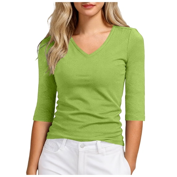 idosla Women's 1/2 Sleeve Tops Half Length Sleeve Cotton V-Neck T Shirts Slim Fit Casual Elbow Summer Fashion Basic Tees (Green, S)