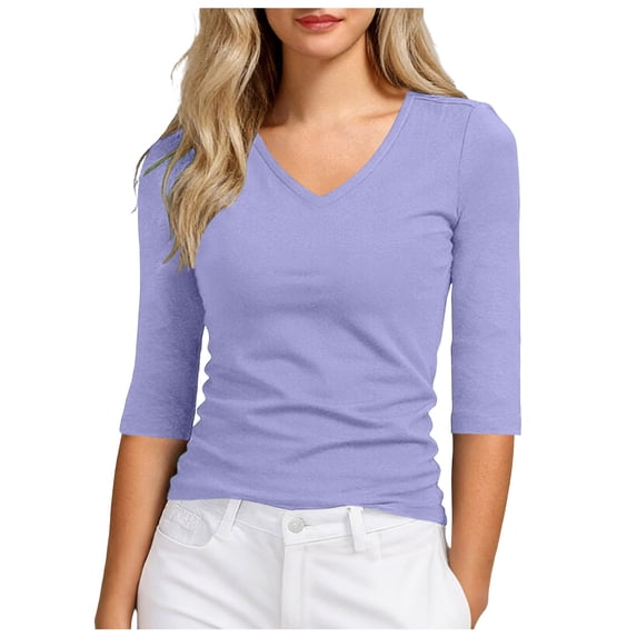 idosla Women's 1/2 Sleeve Tops Half Length Sleeve Cotton V-Neck T Shirts Slim Fit Casual Elbow Summer Fashion Basic Tees (Light Purple, 5XL)