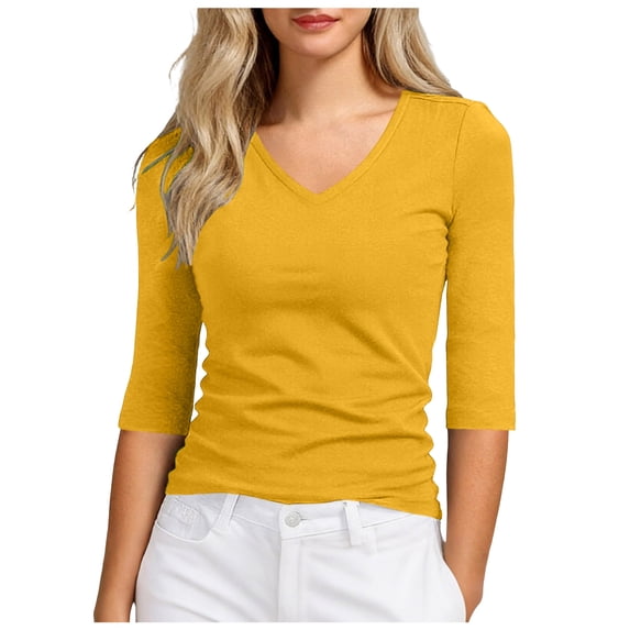 idosla Women's 1/2 Sleeve Tops Half Length Sleeve Cotton V-Neck T Shirts Slim Fit Casual Elbow Summer Fashion Basic Tees (Yellow, XXL)