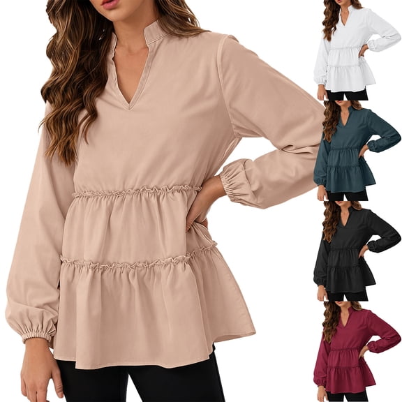 idosla Women's 2025 Fall Babydoll Peplum Tops V Neck Puff 3/4 Length Sleeve Shirts Dressy Casual Blouses (Red, XXL)