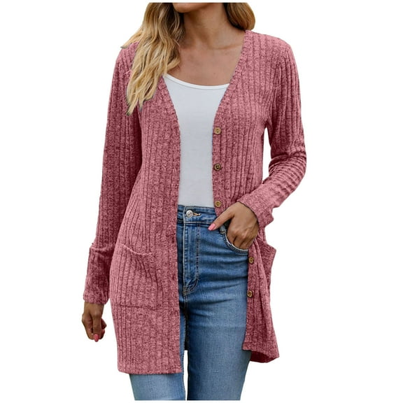 idosla Women's 2025 Fall Fashion Cardigan Lightweight Soft Knit Cardigan for Women Long Sleeve Open Front Coat with Pockets (Red, XXL)