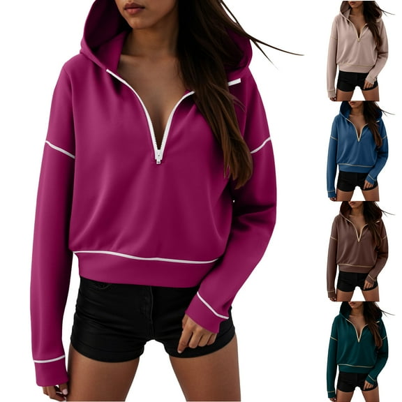 idosla Women's 2025 Fall Hooded Sweatshirts Long Sleeve Half Zip Cropped Hoodies Pullover Winter Fashion Clothes (Hot Pink, L)