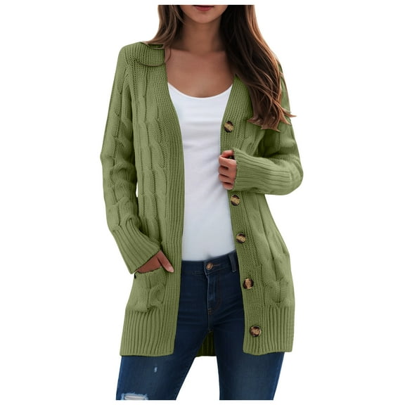 idosla Women's 2025 Fall Long Sleeve Cable Knit Sweater Open Front Cardigan Button Loose Outerwear (Army Green, 3XL)