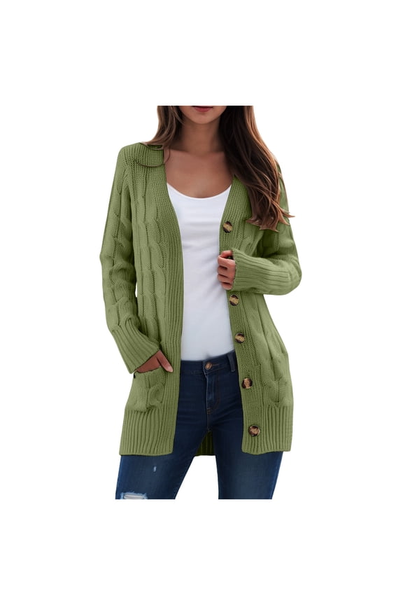 Women's 2025 Fall Long Sleeve Cable Knit Sweater Open Front Cardigan Button Loose Outerwear (Army Green, 3XL)