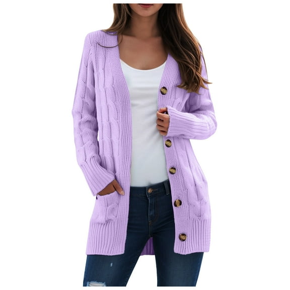 idosla Women's 2025 Fall Long Sleeve Cable Knit Sweater Open Front Cardigan Button Loose Outerwear (Purple, M)