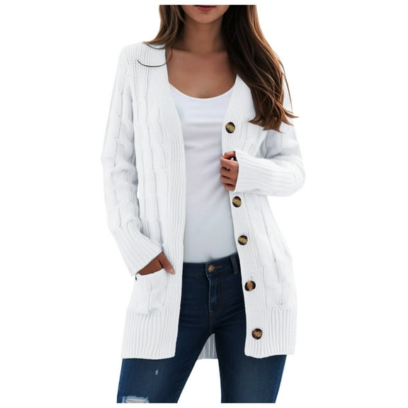 idosla Women's 2025 Fall Long Sleeve Cable Knit Sweater Open Front Cardigan Button Loose Outerwear (White, XXL)