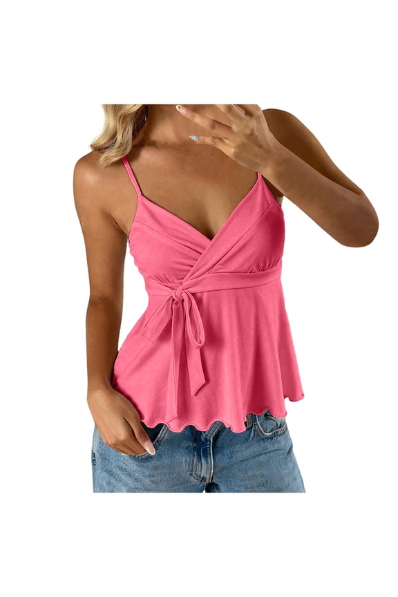 Women's Babydoll Tops Sleeveless V Neck Peplum Crop Wrap Top Cute Summer Tie Front Camisole (Hot Pink, L)