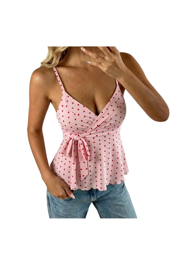 Women's Babydoll Tops Sleeveless V Neck Peplum Crop Wrap Top Cute Summer Tie Front Camisole (Pink, XL)