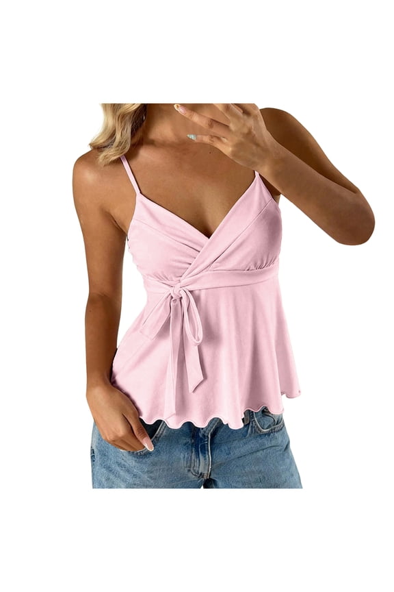 Women's Babydoll Tops Sleeveless V Neck Peplum Crop Wrap Top Cute Summer Tie Front Camisole (Red, L)