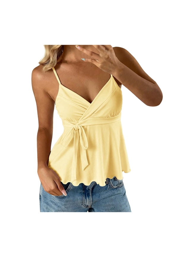 Women's Babydoll Tops Sleeveless V Neck Peplum Crop Wrap Top Cute Summer Tie Front Camisole (Yellow, M)