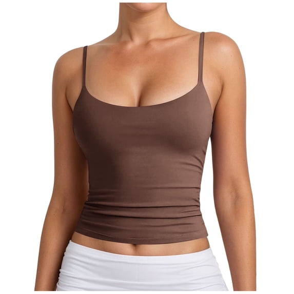 idosla Women's Basic Double Lined Scoop Neck Tank Tops Adjustable Cami Tank Summer Sleeveless Tops (Coffee, S)