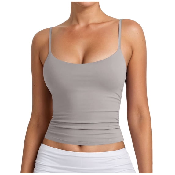 idosla Women's Basic Double Lined Scoop Neck Tank Tops Adjustable Cami Tank Summer Sleeveless Tops (Grey, XS)